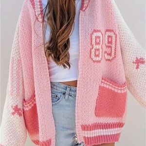 Pink and White Oversized Cardigan with Sporty Accents
